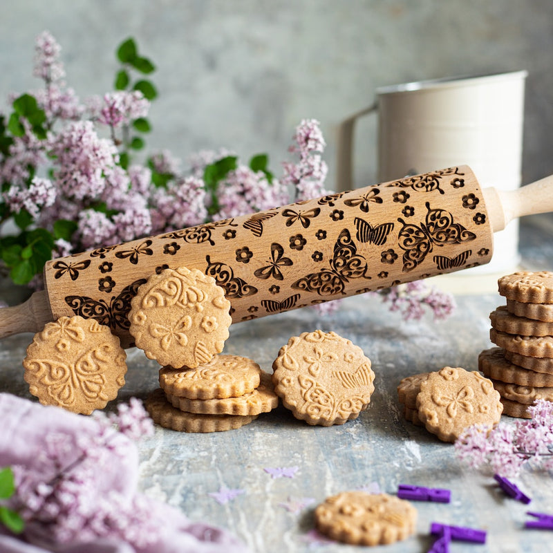 Engraved Rolling pin with Butterflies Pattern