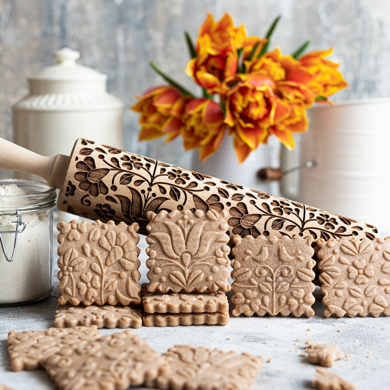 Engraved Rolling pin with Nature Floral Pattern