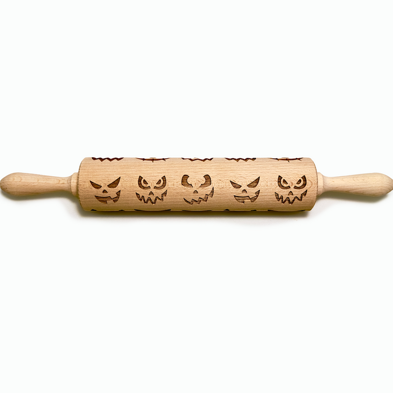 Engraved Rolling pin with Scary Faces Halloween Pattern